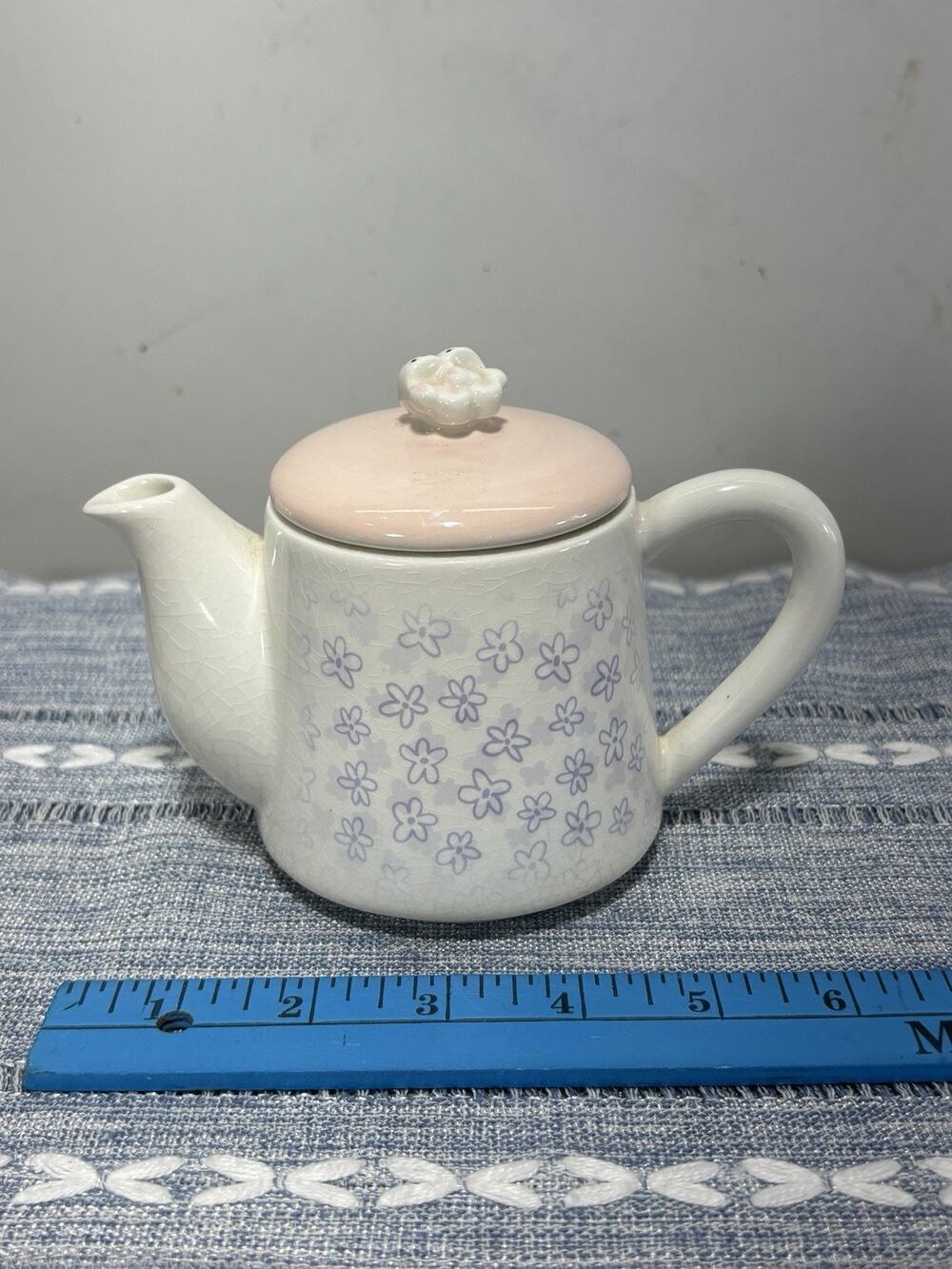Ceramic Floral Teapot Pink Lid Figural Animal Finial Crackle Glaze Cottagecore